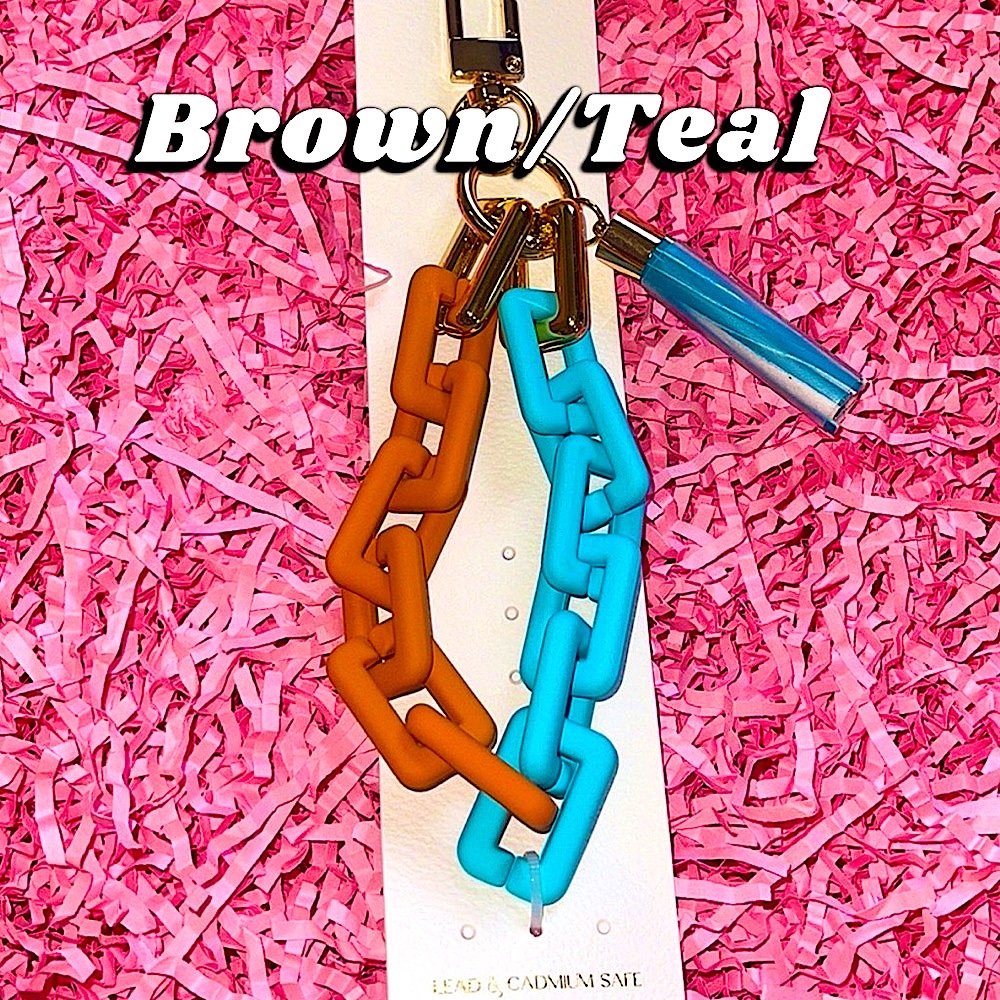🆕🤎🩵BROWN/TEAL RECTANGLE 2 TONE Rubber Coated Keychain Wrist